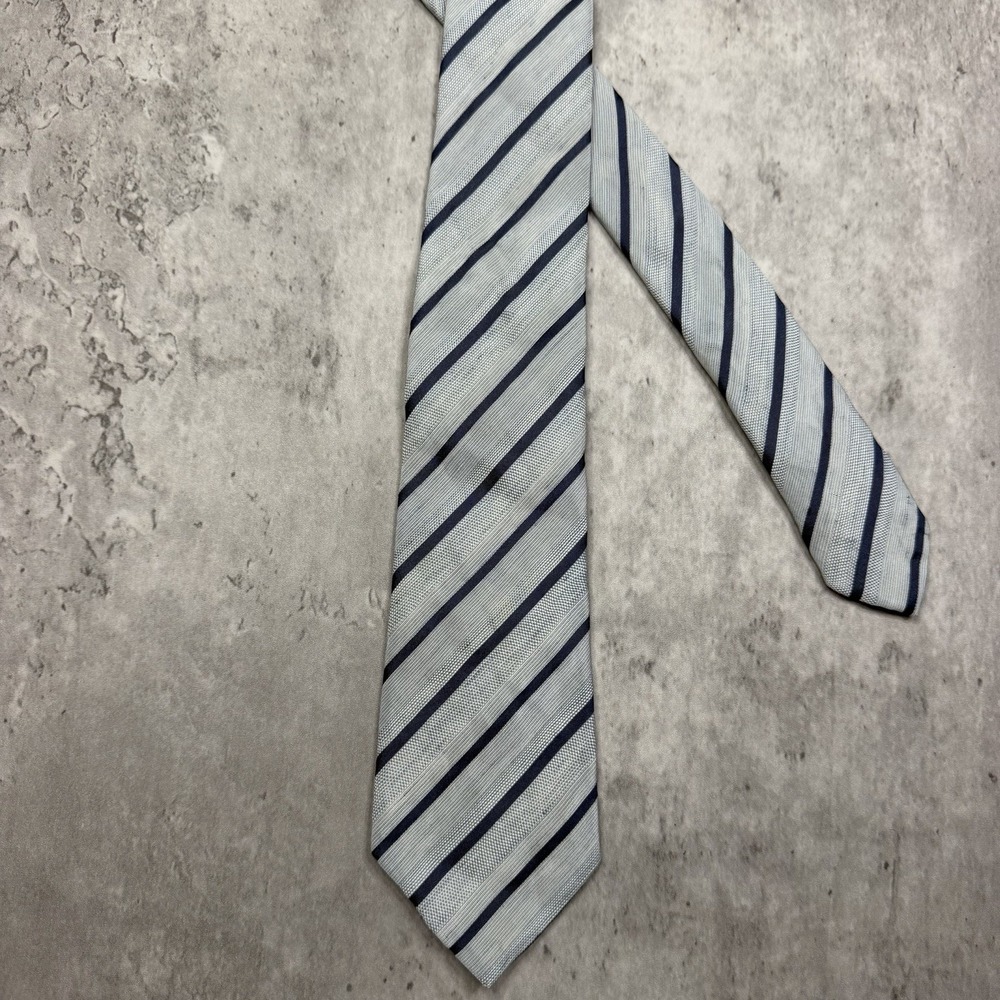 Giorgio Armani Collezioni Silk Linen Striped Tie Navy Blue White Made in Italy